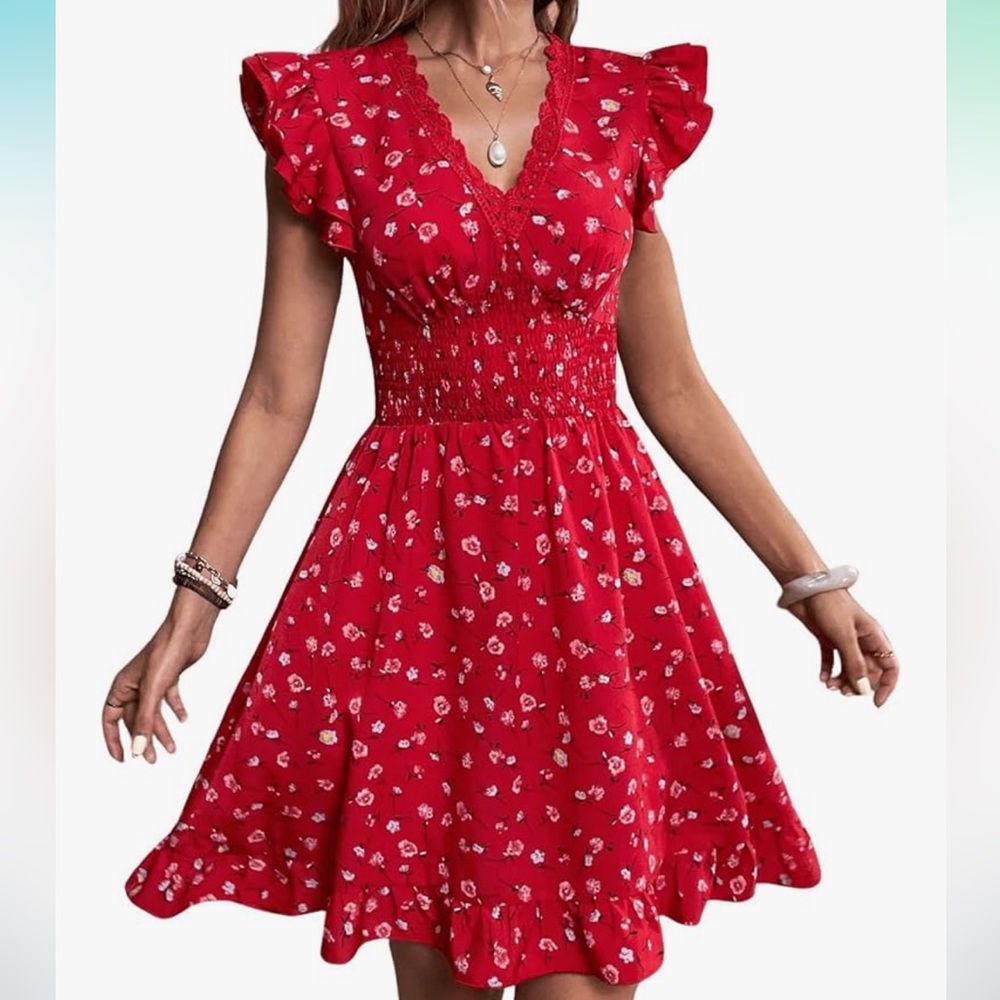 Boho Red Floral Ruffle Cap Sleeve V-Neck A-Line Swing Mini Sundress NWOT - Picture 5 of 14